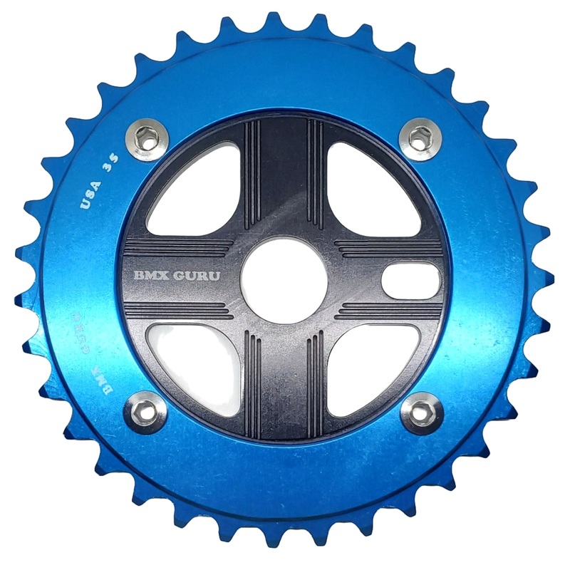 BMXGuru 35T Aluminum Spider & 4-bolt Chainring Combo – Blue over Black – USA Made