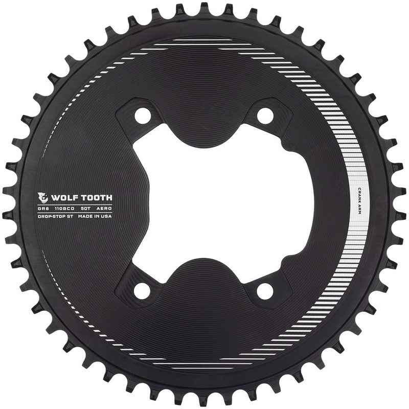 Wolf Tooth Aero 110 Asymmetric BCD Chainring – 50t, 110 Asymmetric BCD, 4-Bolt, Drop-Stop ST, For Shimano GRX 800