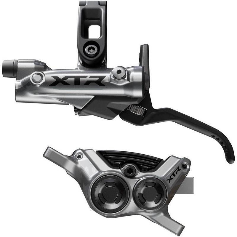 Shimano XTR M9220 Enduro Disc Brake and Lever – Left/Front, Post Mount, 4-Piston Caliper, SM-BH90-SBM Hose, Finned Metal Pads, Gray